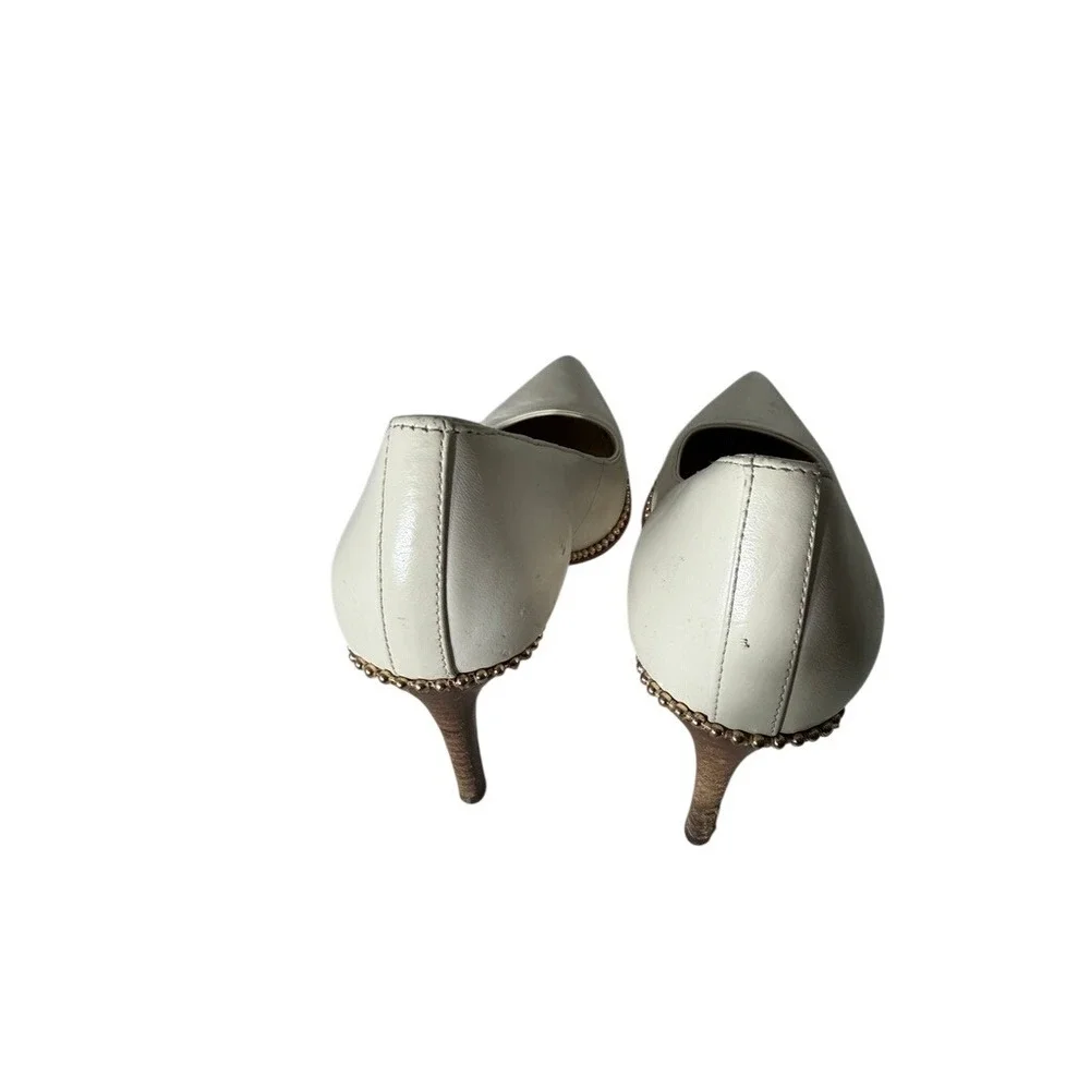 Coach White Leather Pointed Toe Pumps Gold Bead Trim Stiletto Heels Womens 6B